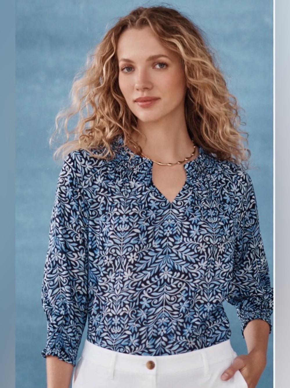 J Jill Smocked 100% Cotton Navy Floral-Print Women's Blouse size S ,3/4 sleeves